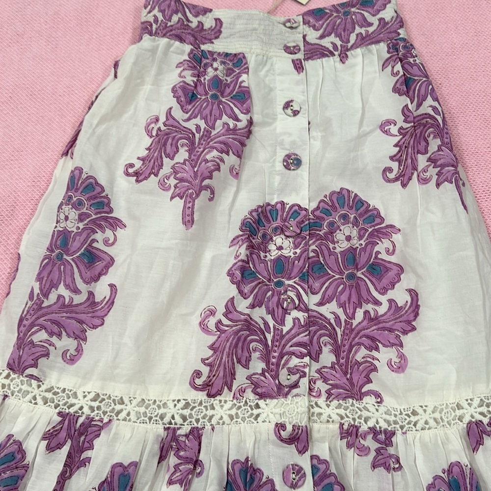 Boho Tiered Maxi Skirt in White with Purple Floral and Coral Border - Picture 11 of 15